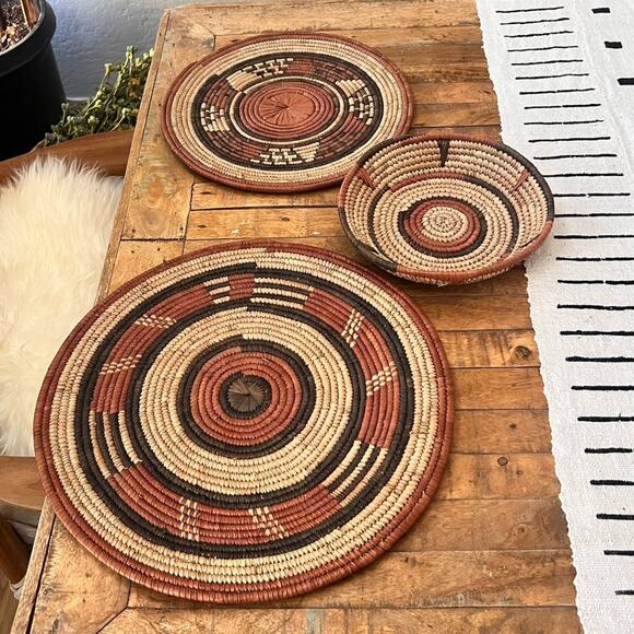 Set Of 3 African Fulani Mbeedu Rounded Flat Bowl Woven Baskets Boho main image 8